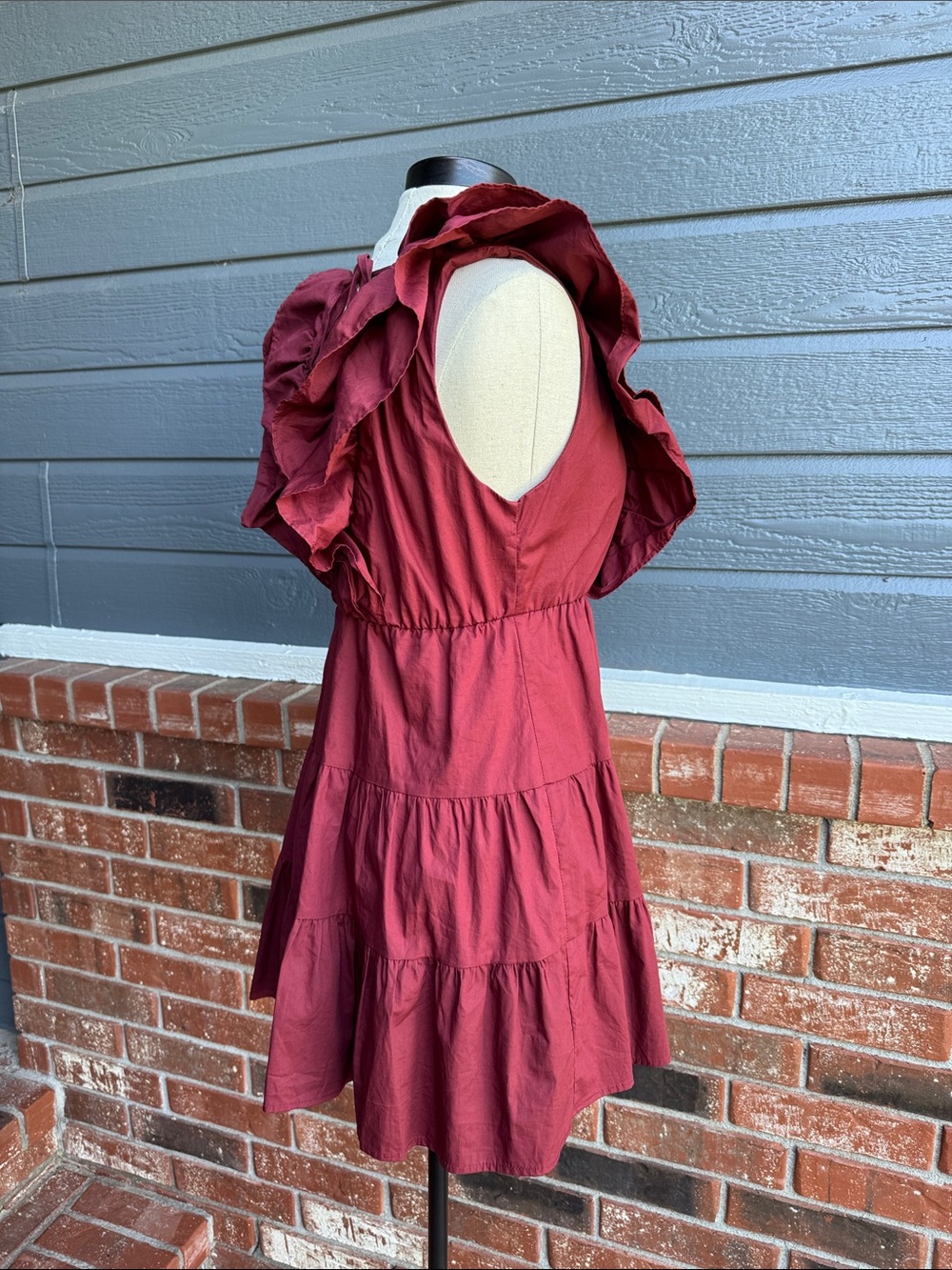 Altar'd State Leou Burgundy Ruffle Plunge Mini Dress Open Tie Back Women's S - Picture 4 of 7